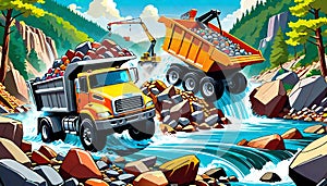 cartoon construction toy truck river rock stone dumping water control