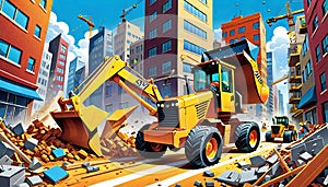 cartoon construction toy truck urban city demolition