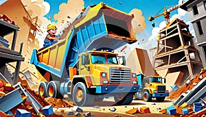 cartoon construction truck demolition crew urban city