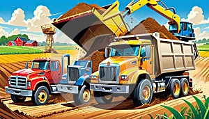 cartoon construction truck farm agriculture dirt hauling field leveling