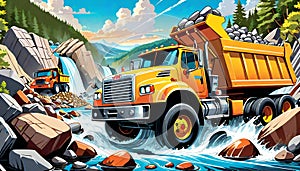 cartoon construction truck river rock stone hauling building