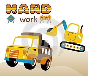 Cartoon of construction vehicles with construction signs