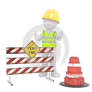 Cartoon Construction Worker at Dead End Road Block
