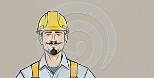 Cartoon of a construction worker with hard hat, overalls, smile, and helmet