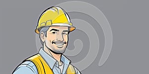 Cartoon construction worker in hard hat with smiling facial expression