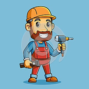 Cartoon construction worker holding tools on light blue