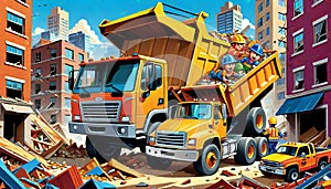 cartoon construction yellow dump truck demolition crew building