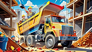 cartoon construction yellow toy truck demolition crew comic