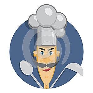 Cartoon cook in chef hat with spoon, ladle. Chef icon, flat vector illustration.