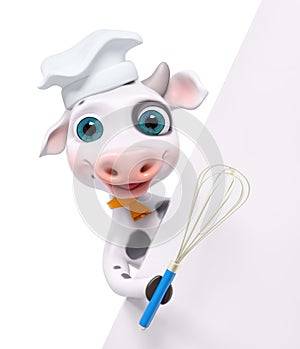 Cartoon cook cow with poster and whisk 3d rendering