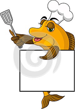 Cartoon cook fish with blank sign photo