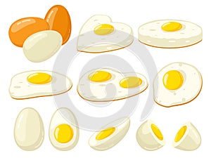 Cartoon cooked eggs. Fried, hard, soft boiled, sliced eggs with yolk, protein breakfast ingredient. Organic farm product