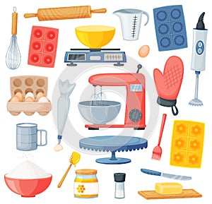 Cartoon cooking and baking ingredients, kitchen utensils. Flour, eggs, honey, salt. Kitchenware and desserts bakery