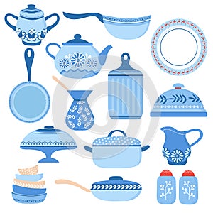 Cartoon cookware. Kitchen crockery and glassware. Dishes, cup and teapot. Cooking tools vector isolated set