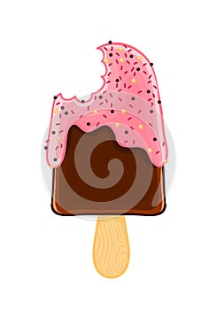 Cartoon cool bitten chocolate popsicle with icing and grit. Sweet ice cream isolated on the white background.