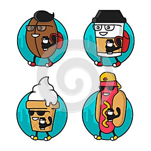 Cartoon cool Coffee bean, paper cup, Hotdog, Ice Cream character. Street food illustration stickers, batches set. photo