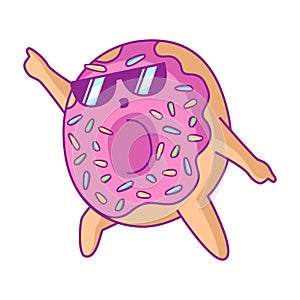 Cartoon cool dancing donut in glasses character with pink glaze makes disco. For stickers, greeting cards, party