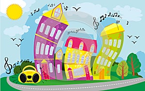 Cartoon cool landscape with a hill and a road. Dancing city. Funny houses dance. vector background. flat children s