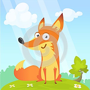 Cartoon cool little fox sitting on a meadow in summer season background with flower and mushrooms. Vector illustration