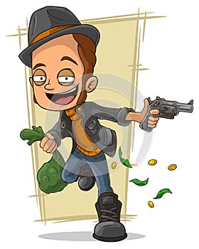 Cartoon cool robber with gun and money