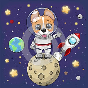 Cartoon Corgi astronaut on the moon on a space background