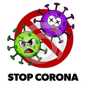 Stop Corona cartoon style sign, angry and dead Covid-19 photo