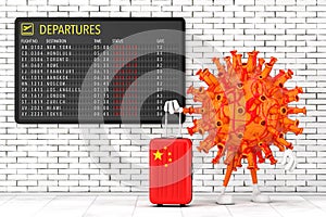 Cartoon Coronavirus COVID-19 Mascot Person Character with China Suitcase near Airport Departures Table Board with Infected