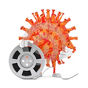 Cartoon Coronavirus COVID-19 Virus Mascot Person Character with Film Reel Cinema Tape. 3d Rendering