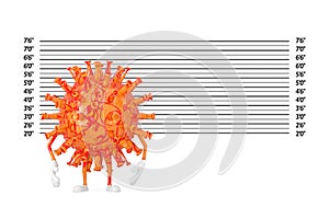 Cartoon Coronavirus COVID-19 Virus Mascot Person Character in front of Police Lineup or Mugshot Background. 3d Rendering