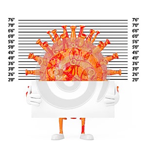 Cartoon Coronavirus COVID-19 Virus Mascot Person Character with Identification Plate in front of Police Lineup or Mugshot