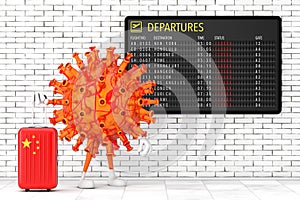 Cartoon Coronavirus COVID-19 Mascot Person Character with China Suitcase near Airport Departures Table Board with Closed Flights