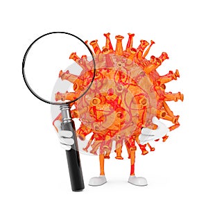 Cartoon Coronavirus COVID-19 Virus Mascot Person Character with Magnifying Glass. 3d Rendering