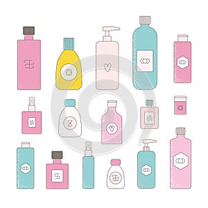 Cartoon cosmetic bottles, jars. Body hair skin care organic pruduct tubes, eco cleanser, soap for face, oil scrub, cream