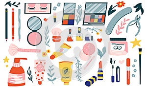 Cartoon cosmetic. Doodle hand drawn beauty products. Shampoo and lotion, mascara or lipstick. Collection for makeup and