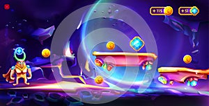 Cartoon cosmic game with platforms, astronaut and crystal bonus