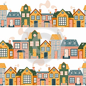 Cartoon Cottage seamless pattern. Hand drawn home facade street, townhouse and family house in countryside, urban border decor
