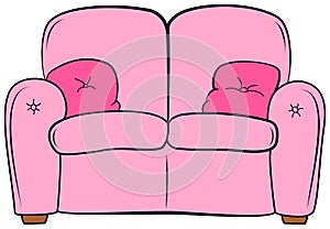 Cartoon couch with pillow. Pink sofa with cushion clipart photo