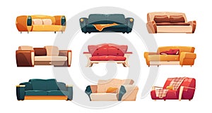 Cartoon couches and sofas. Modern comfortable armchair and sofa for home and office, cozy lounge furniture for living