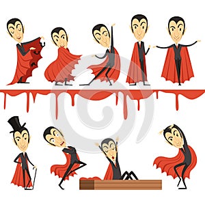 Cartoon Count Dracula wearing red cape set. Vampire characters vector illustrations