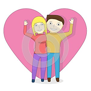 Cartoon couple on the background of the heart.