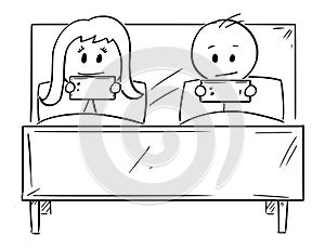 Cartoon of Couple in Bed, Both Man and Woman are Chatting on Mobile Phone