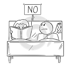 Cartoon of Couple in Bed, Man Wants Sexual Intercourse, Woman is Reading a Book and Rejecting