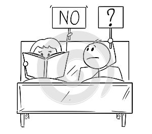 Cartoon of Couple in Bed, Man Wants Sexual Intercourse, Woman is Reading a Book and Rejecting