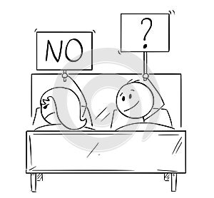 Cartoon of Couple in Bed, Man Wants Sexual Intercourse, Woman is Rejecting