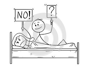 Cartoon of Couple in Bed, Man Wants Sexual Intercourse, Woman is Rejecting photo
