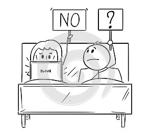 Cartoon of Couple in Bed, Man Wants Sexual Intercourse, Woman is Working on Computer and Rejecting