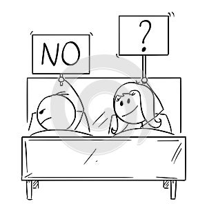 Cartoon of Couple in Bed, Woman Wants Sexual Intercourse, Man is Rejecting