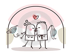 Cartoon Couple contained at Home, loving and kissing