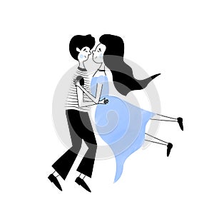 Cartoon couple in dance. Cute doodle characters in love. Simple creative illustration in comic book style. A boy and a