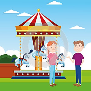 Cartoon couple and fair horses carousel over landscape background